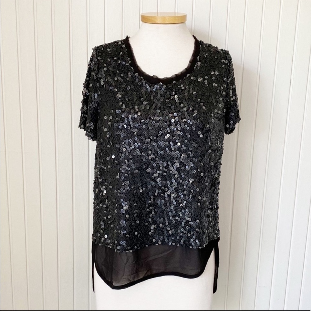 NWT Alberto Makali Black Sequin Sheer Short Sleeve Shirt Top Size Medium